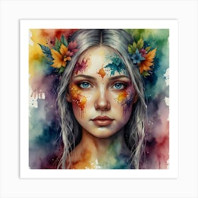 Watercolor Girl With Flowers 1 Art Print