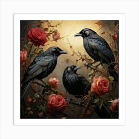 Crows On Roses Art Print