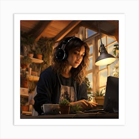 Girl Working On Her Laptop In Boho Plant Filled Room Art Print