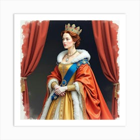 Watercolor Painting Of Queen Elizabeth I, Majestic Robes, Rich Background 1 Art Print