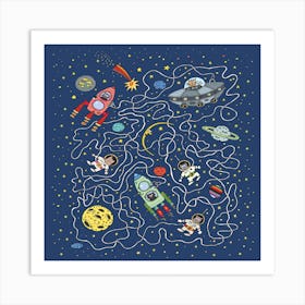 Space Maze Cat Space Astronaut Rocket Maze Art Print