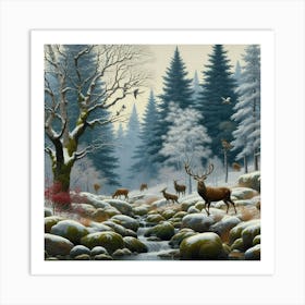 Deer And Trees In The Snow, Acrylic Painting Style Art Print