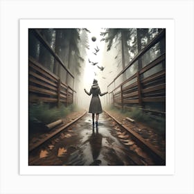 Girl Walks Through The Forest Art Print