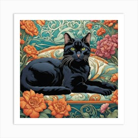 Black Cat With Flowers 3 Art Print