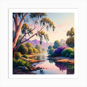 River With Trees And Mountains At Sunrise Or Sunset, Reflecting The Colors In The Water Art Print