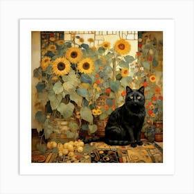 Black Cat With Sunflowers art Art Print