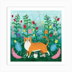 Whisker Wonderland: Print Art - Illustrate a whimsical scene where cats play in a magical garden filled with oversized catnip plants, rainbow yarn, and floating feathers. Art Print