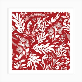 Christmas Botanical Leaves - Red White Art Print