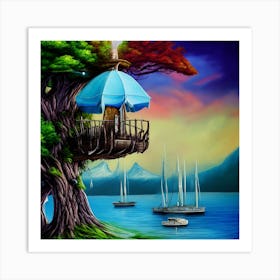 Tree House Sailboats Mountain Art Print