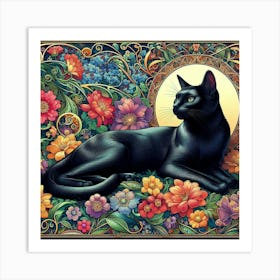 Black Cat With Flowers 7 Art Print