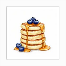 A Charming Watercolor Painting Of A Stack Of Fluffy Blueberry Pancakes With Maple Syrup Art Print