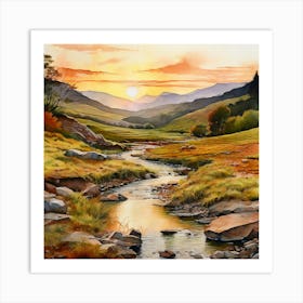 Watercolour Valley Crystal Clear Stream Running Art Print