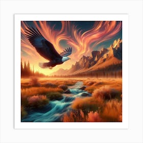 3 Dimensional Eagle Flying Over A Field Creek Sunset Clouds Swirling 2 Art Print