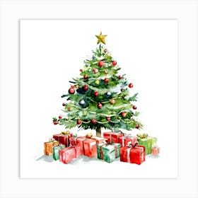 Watercolor Christmas Tree with Festive Gifts Art Print