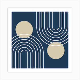 Mid Century Modern Geometric In Navy Blue And Beige (Rainbow And Sun Abstract) 02 Art Print