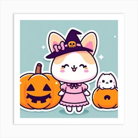 Cat with pumpkins Halloween cartoon, cute, kawaii, anime Art Print