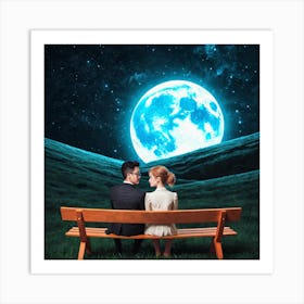 Couple Sitting On Bench In The Moonlight Art Print