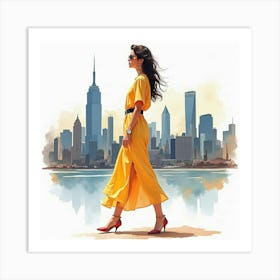 Fashionable Lady In Watercolor Attire, Grand City Skyline 1 Art Print