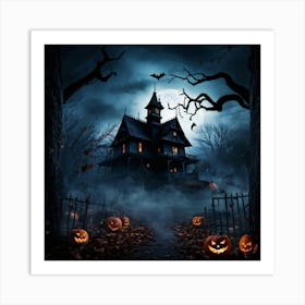 A Fiercely Blazing Haunted House Banner Devilishly Shadowed And Skittish Across The Eerie Pattern O (4) Art Print