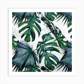 Tropical Leaves Palm and Monstera on Marble Art Print