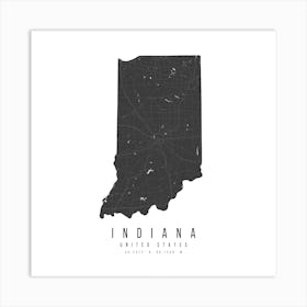 Indiana Mono Black And White Modern Minimal Street Map Square Art Print