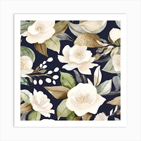 Botanical Wall Art Flowers White Camelias Deep Space Blue Background #1 Art Print