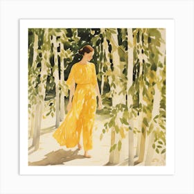 Woman In Yellow Dress Walking In The Forest 1 Art Print