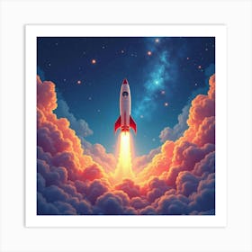 Rocket Amidst A Watercolor Vibrant Cosmic Panorama 1 Art Print