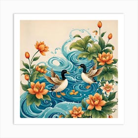 Ducks In Water With Flowers Art Print