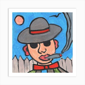 Smoker By The Fence - hand painted man person hat sky face portrait Art Print