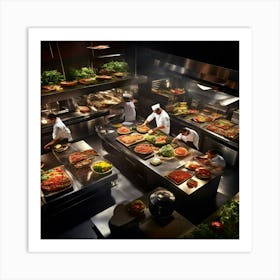 Overhead View Of A Burger Kitchen In Action Chefs Proudly Plating Gourmet Burgers Stunning Stainle 555813656 (3) Art Print