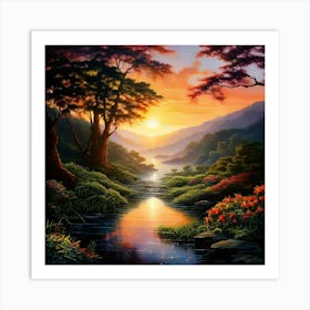 Watercolor Landscape Sunrise To The Lush Tranquility Art Print