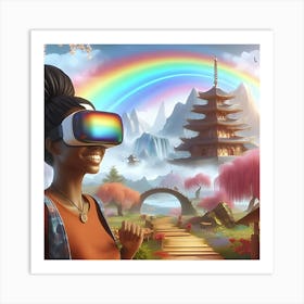 A Happy Woman Wearing A Vr Headset In A Shangri La With A Rainbow, Digital Art Art Print