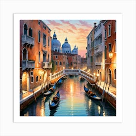 Venice At Sunset With Gondolas, Watercolor Painting Art Art Print