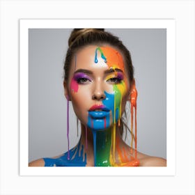 Beautiful Woman With Colorful Paint On Her Face in the style of dripping paint Art Print
