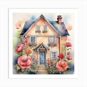 Watercolor House With Flowers Art Print 2 Art Print