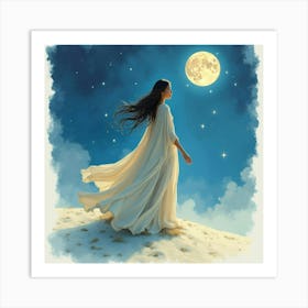 Enchantress In Flowing Robes Under A Moonlit Sky, Watercolor Design 1 1 Art Print