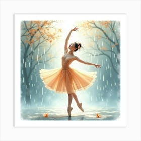 Graceful Ballerina Surrounded By Watercolor Gentle Rain 1 Art Print