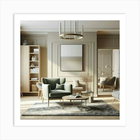 A Minimalist Living Room with a Soft Green Armchair and a Large Abstract Painting on the Wall Art Print