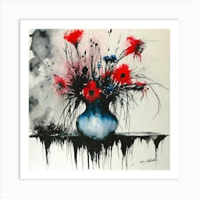 Flowers In A Vase Stephen Gammell style, dessin, aquarelle, aquarelles, noir et blanc et rouge , de marais, de sombres créatures, dégoulinant, pink and blue flowers in a vase placed on a table3 Art Print