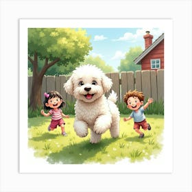 A Friendly Bichon Frise Playing With Kids In A Sunlit Yard, Watercolor 1 Art Print