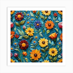 Flowers On A Blue Background 9 Art Print