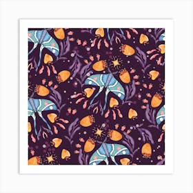 Night Blue Moth On Floral Purple Background And Decoration Pattern Square Art Print