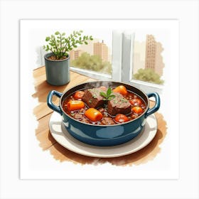 Watercolor Painting Of A Classic And Savory Beef Stew On A Stylish Restaurant Table Art Print