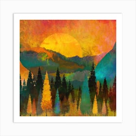 Sunset In The Mountains Trees Mountains Sun Sunrise Warm Art Print