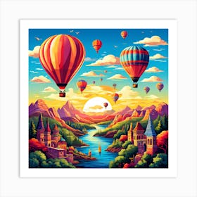 Hot Air Balloons In The Sky, Hot Air Balloon Adventures A Whimsical Pattern With Colorful Hot Air Balloons Floating Over Landmark Art Print