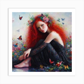 Red Haired Girl With Butterflies Art Print