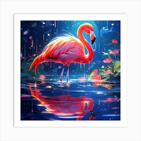 Very Colorful Picture Of Flamingo In Water Beautiful Lighting And Reflections Golden Ratio Fake (3) Art Print