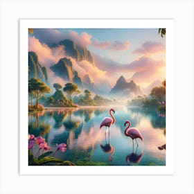 Flamingos By The Lake Art Print