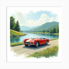 Elegant Roadster By A Calm River, Watercolor Painting 1 Art Print